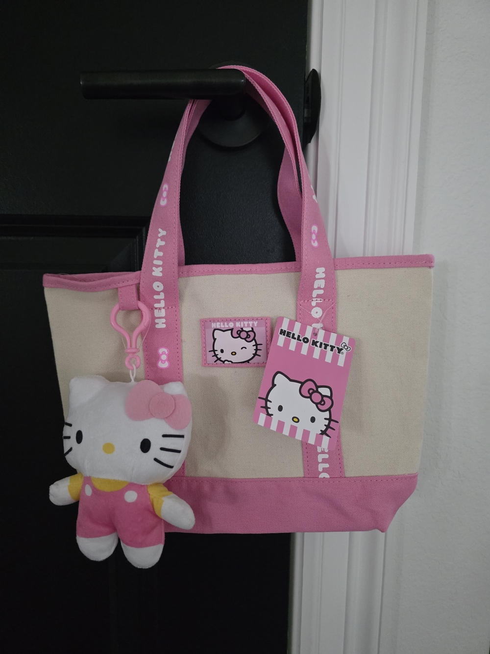 NWT Hello Kitty Pink & Cream Canvas Tote with Plush Charm